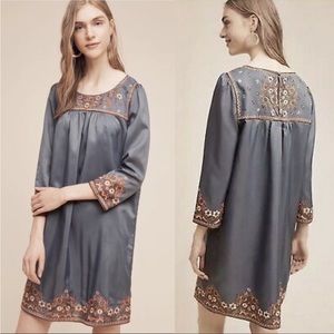 Anthropologie | Yara Swing Dress Boho Floral Embroidery Dusty Blue Size Medium